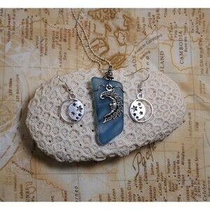 Blue Swirl Sea Glass Style Lunar Necklace and Earring Set Handmade Wire Wrapped